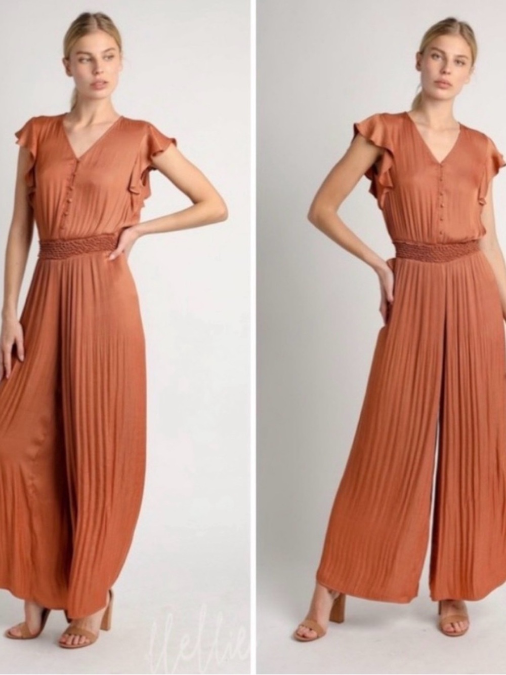 Current Air Smocked Pleated
Jumpsuit Satin Women V-Neck
Cap Sleeve Boho Size L